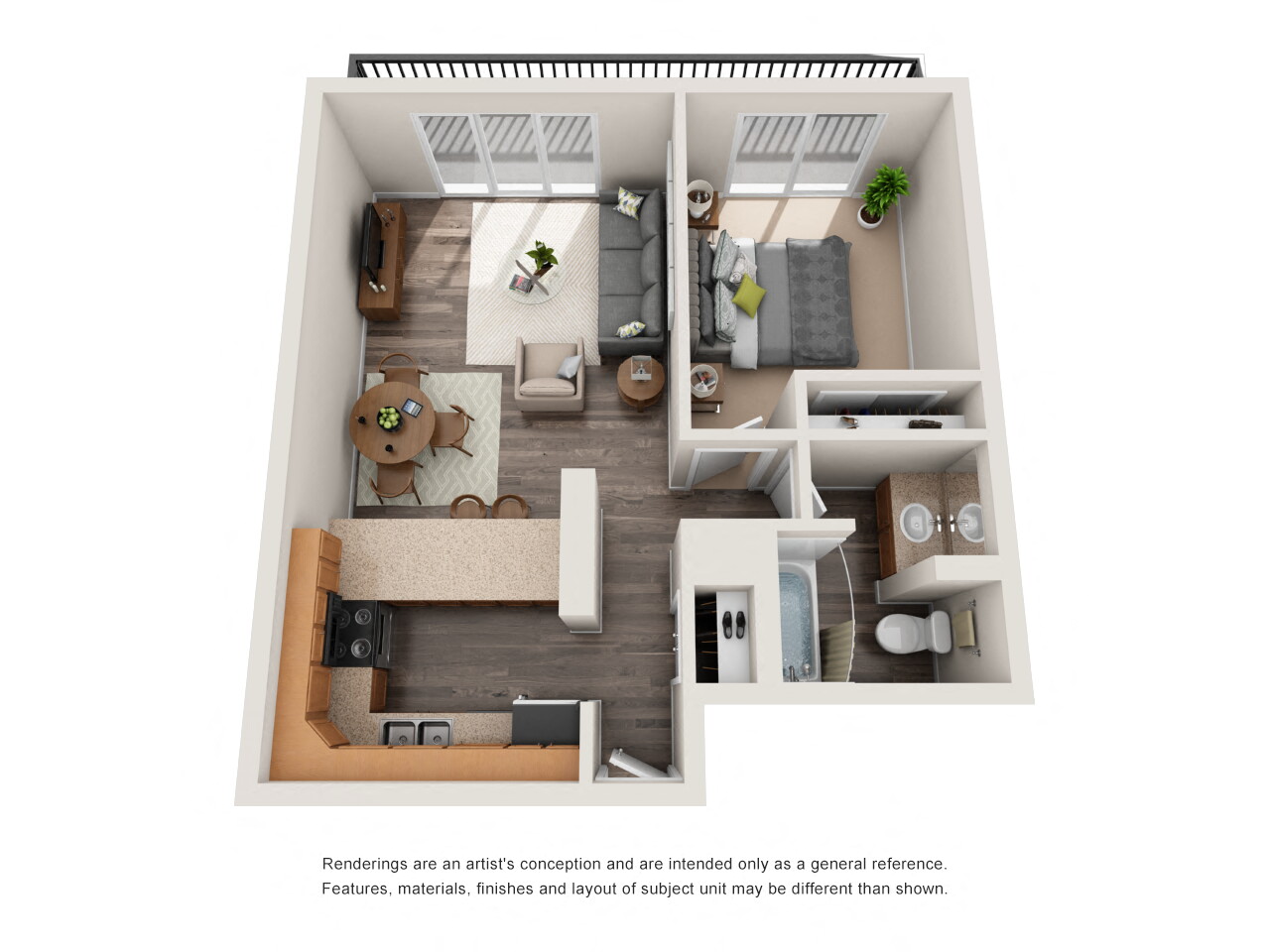 Floor plan for 1 bed, 1 bath, 629 sqft